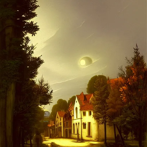 Image similar to in the style of gerald brom, caravaggio, beautiful small town, houses and buildings, 1 8 0 0 s, cobblestone roads, low light, end of day, trees, forest in the distance, light mist