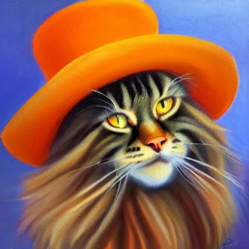 Prompt: Beatiful Oil painting of an orange Maine-coon with a white beard. wearing a wide-brimmed sombrero sombrero
