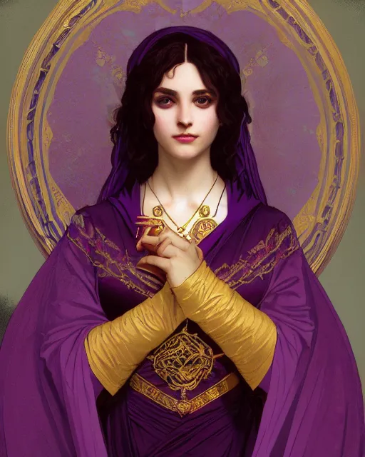 Prompt: greek vampire, ornate purple and gold byzantine dress, very detailed, beautiful, intricate, cinematic, artstation, william bouguereau, alphonse mucha, greg rutkowski, rossdraws, octane render