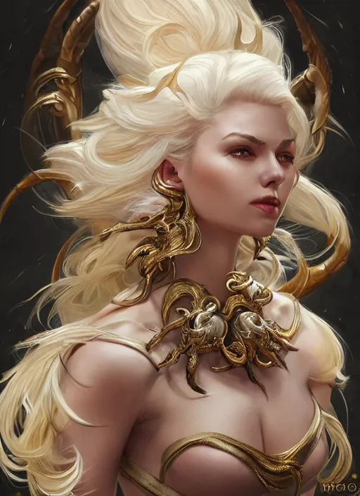 Image similar to fullbody!! dynamic movement pose, beautiful woman with white hair, big natural horns on her head, gold jewellery, dnd, face, fantasy, intricate, elegant, highly detailed, digital painting, artstation, concept art, smooth, sharp focus, illustration, art by artgerm and greg rutkowski and alphonse mucha