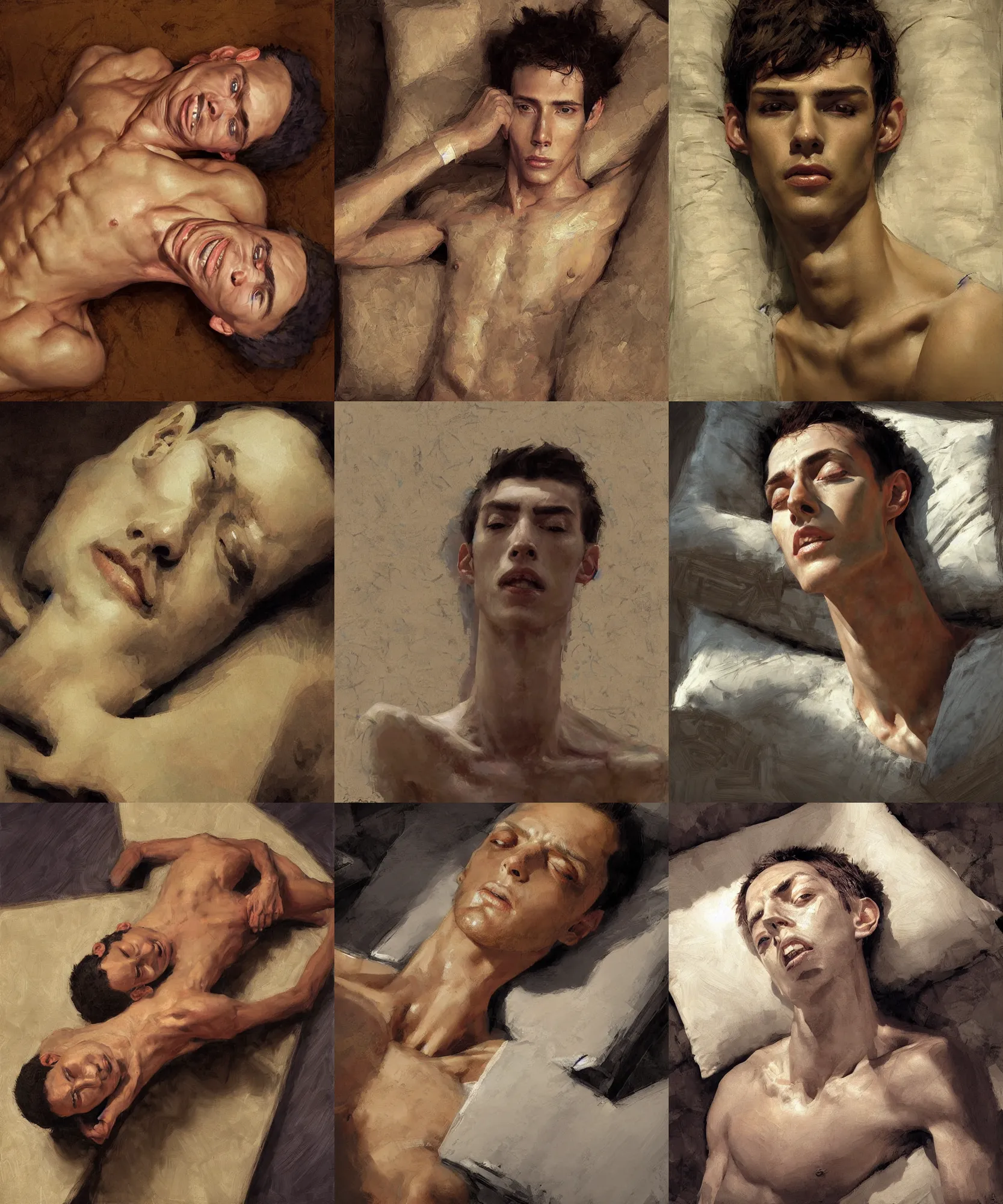 Prompt: overhead view digital art painting portrait of a young skinny gaunt man's head lying on a pillow painted by craig mullins and gaston bussiere and greg rutkowski, symmetrical face, defined facial features, symmetrical facial features, dramatic lighting, close up