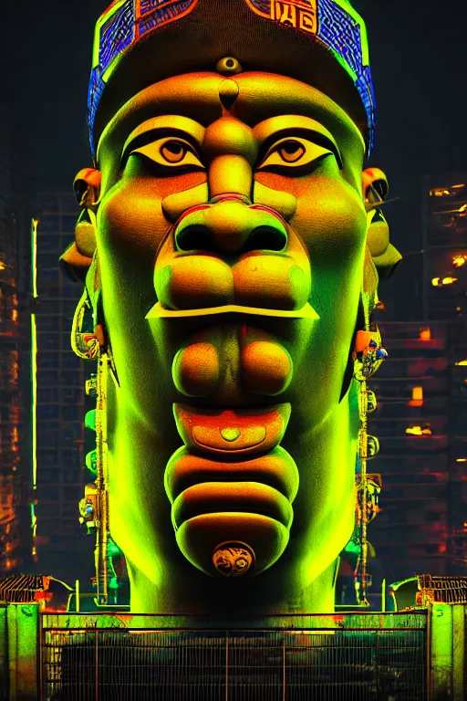 Prompt: high quality 3 d render hyperrealistic cyberpunk brutalist hanuman head building, neon yellow madhubani, highly detailed, in sci - fi mumbai, unreal engine cinematic smooth, liam wong, moody light, low angle, uhd 8 k, sharp focus