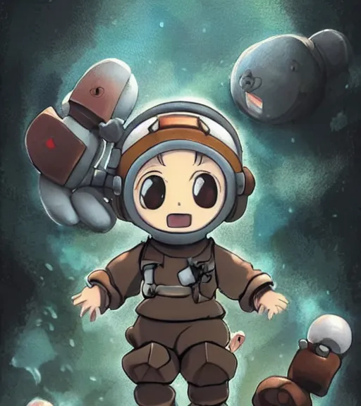 Image similar to beautiful little boy wearing an cyborg bear suit, artwork in kentaro miura and made in abyss, inspired in super bomberman, smooth, beautiful lightness, anatomically correct, trending on pixiv, space