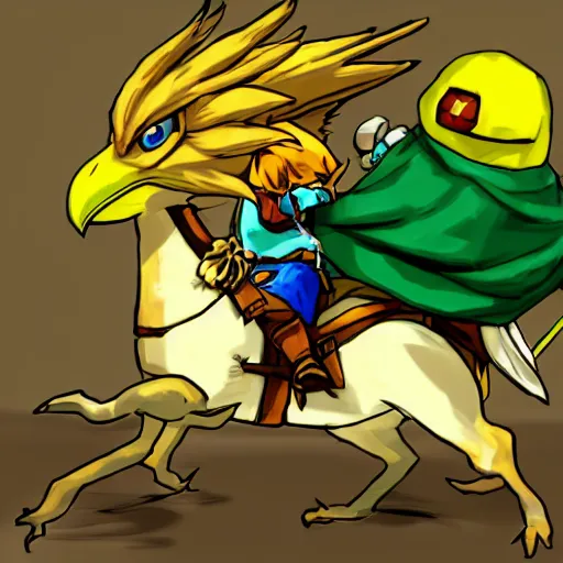 Image similar to legend of zelda link riding an amoured chocobo