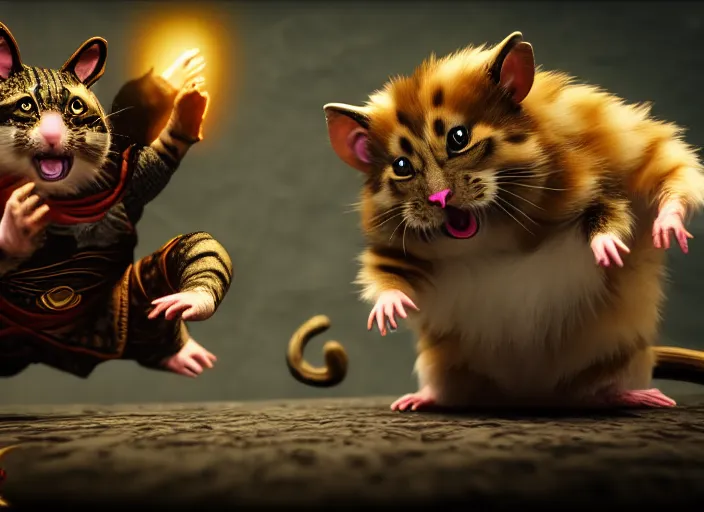 Image similar to hamster fights a cat in mortal kombat on the background of a laughing shao khan. fantasy magic style. highly detailed 8 k. intricate. lifelike. soft light. sony a 7 r iv 5 5 mm. unreal engine with nanite and path tracing