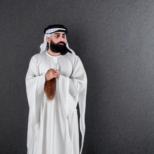 Prompt: middle aged man, dark complexion, well trimmed beard, middle ages middle eastern clothing, portrait full body view, middle easter contemporary artstyle