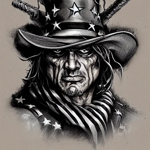 Image similar to portrait of a uncle sam barbarian, muscular, wild, upper body, d & d, fantasy, intricate, cinematic lighting, highly detailed, digital painting, artstation, concept art, smooth, sharp focus, illustration, art by hajime sorayama