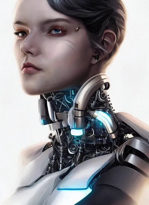 Prompt: portrait of a cyborg woman who turns her head to the ((((((right))))) left+350 (((((up+1))))) (((((down))))) by Artgerm,eyes closed , biomechanical, hyper detailled, trending on artstation