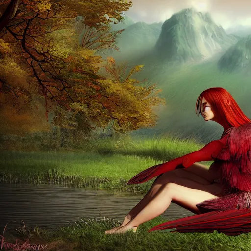 Prompt: Harpy, young woman, red feathered wings, bird legs, wearing Inka clothes, sad expression, sitting at a pond, mountainous area, trees in the background, trending on artstation