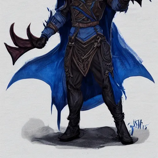 Image similar to D&D character concept art of a cloaked tiefling, tiefling rogue, blue skin color with short horns and a devil tail, fighting pose of a Rogue holding daggers, black cloak hidden in shadows, full body pose, soft colors, fantasy, intricate, elegant, highly detailed, digital painting, artstation, concept art, smooth, perfect face, sharp focus, illustration, wide angle shot, full body visible, art by artgerm and H R Giger and alphonse mucha