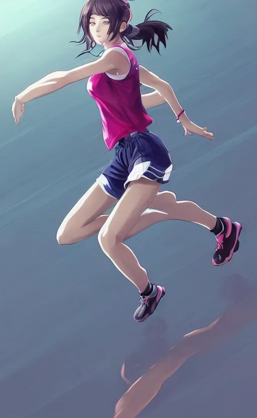 Prompt: girl running in her sport clothes, anime style, occlusion shadow, specular reflection, rim light, unreal engine, range murata, artstation, pinterest, art by hiroaki samura and ilya kuvshinov and rossdraws, intricate, highly detailed 8 k, art deco illustration, extremely beautiful shape of face, neck, shoulders eyes