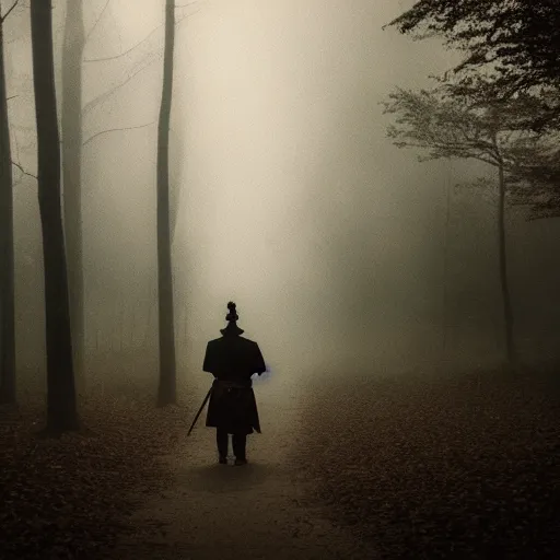 Image similar to a samurai walks alone through the woods at night, gloomy, dark, foggy, night, ominous, dark color, atmospheric, cinematic lighting, intricate detail?