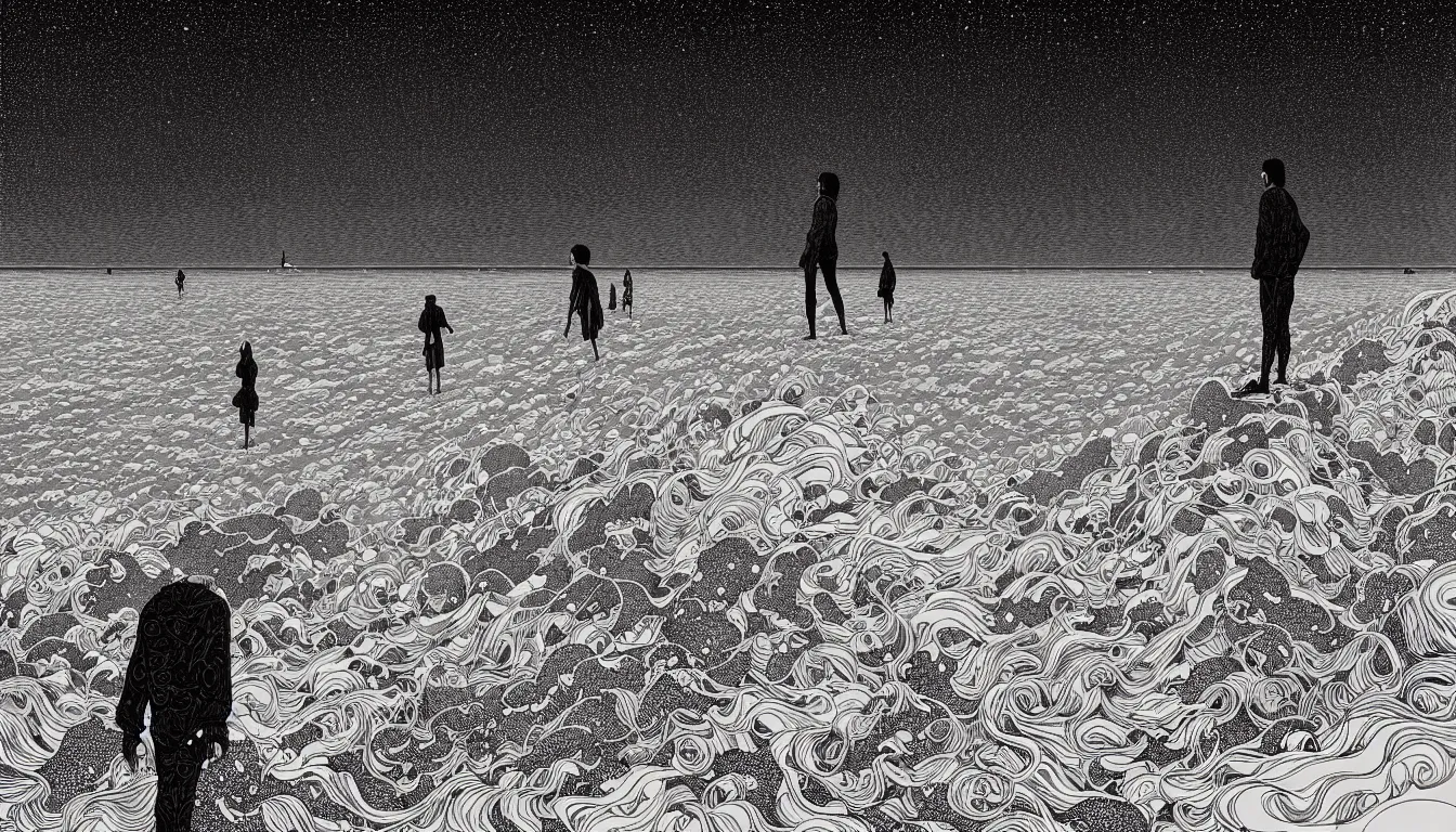 Prompt: standing on the beach by nicolas delort, moebius, victo ngai, josan gonzalez, kilian eng