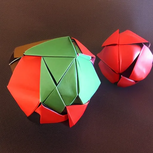 Prompt: chrome spheres on a red cube, origami