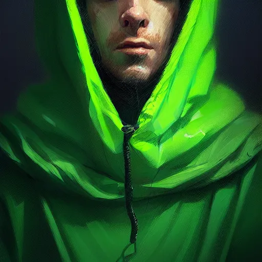 Image similar to portrait of a programmer with green hood by greg rutkowski, digital