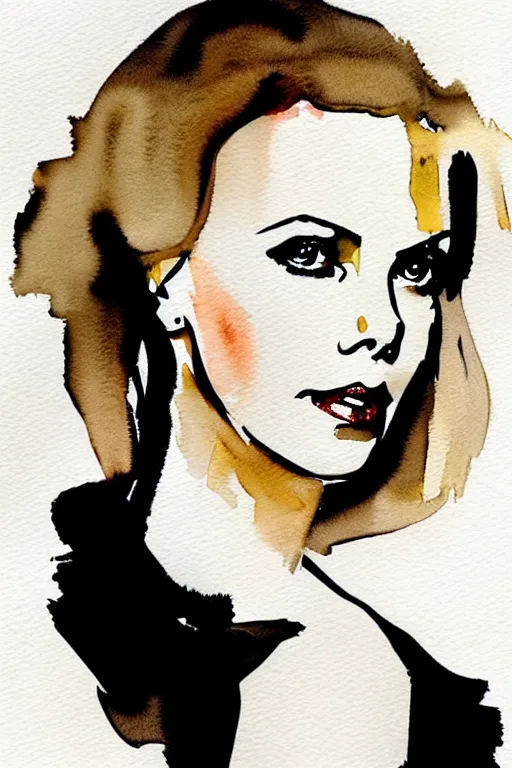 Prompt: charlize theron, watercolor portrait by David downton