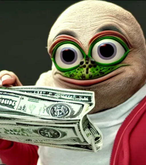 Image similar to pepe holding money, realistic, frame from the movie, hyper detailed, dramatic light