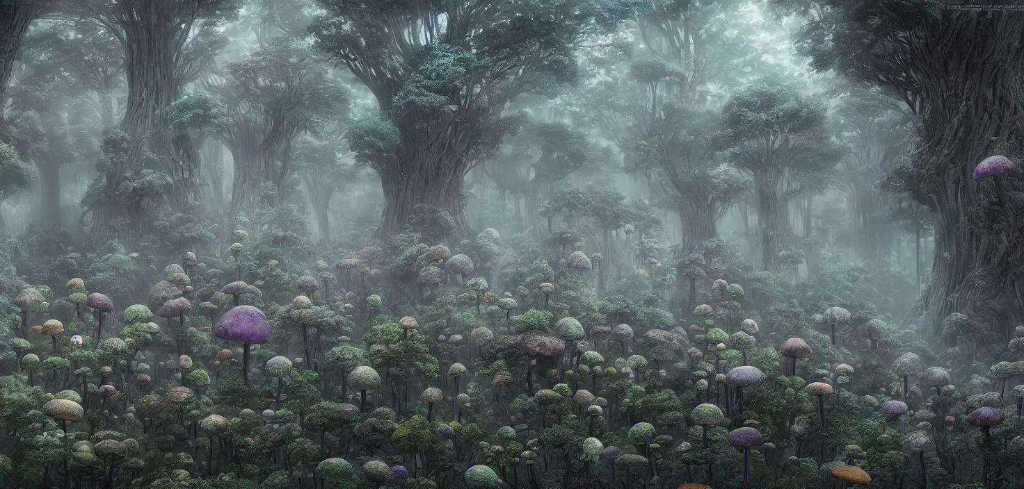 Image similar to a distant dense forest of giant bismuth mutated mushrooms, intricate, highly detailed, organic, volumetric fog, concept art, masterpiece