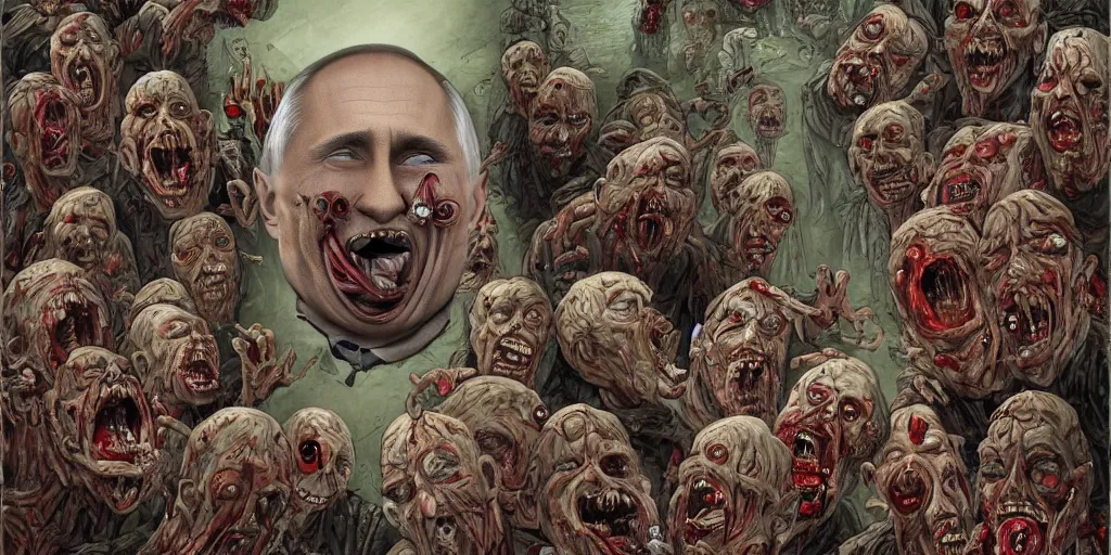 Image similar to vladimir putin's face is eaten by worms, in the background an army of zombies with their mouths sewn shut with wire in the shape of the letter z, drawn in the style of ralph mcquarrie, photorealistic, hyperdetailed