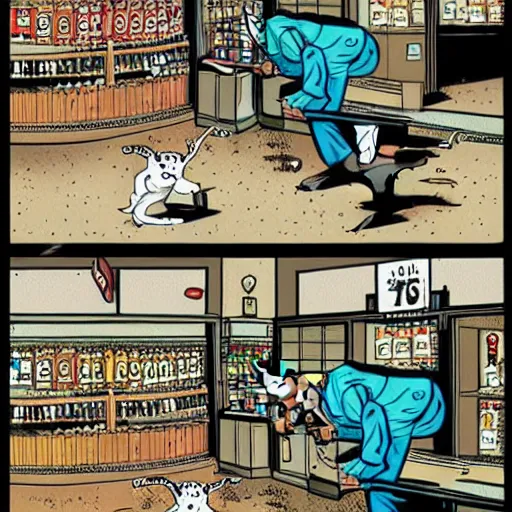 Image similar to detailed intricate colour illustration of a cat robbing a liquor store at gunpoint, comic book style, no speech bubbles, dystopian, dark, akira