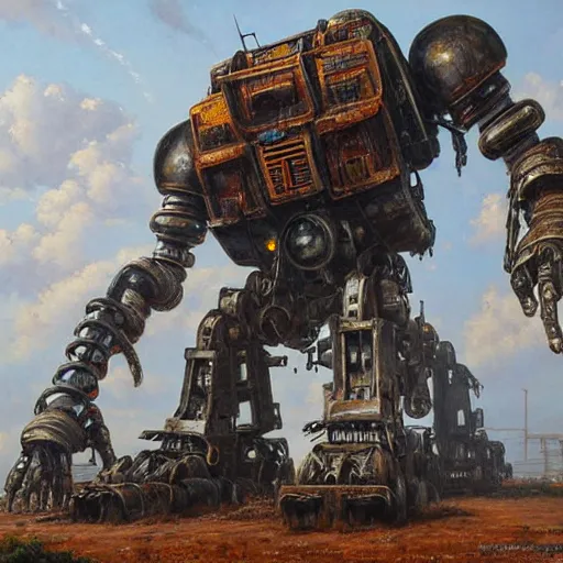 Image similar to oil painting of a huge rusting mech, that resembles a mechanical gorilla, highly detailed, complex, intricate by james gurney sleek, elegant, anime style