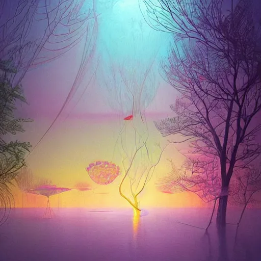 Prompt: beautiful colourful scene. digital artwork by vincent bons, beeple, michael whelan, remedios varo and gerardo dottori. grainy and rough. interesting pastel colour palette. beautiful light. oil and water colour based on high quality render.