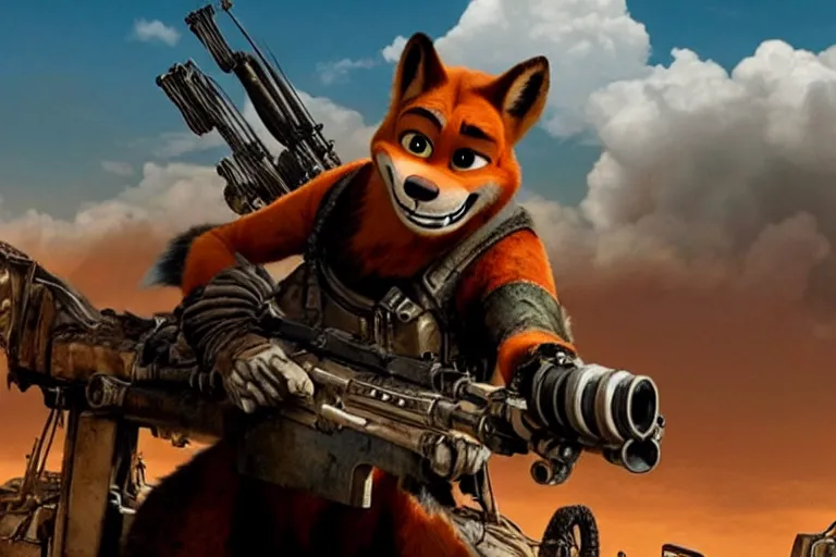 Prompt: nick wilde, heavily armed and armored facing down armageddon in a dark and gritty reboot from the makers of mad max : fury road