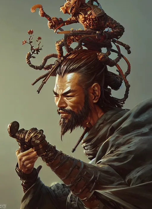 Image similar to samurai with a bonsai growing out of his head, intricate, rim light, octane render, by jesper ejsing, james jean, justin gerard, tomasz alen kopera, cgsociety and fenghua zhong, highly detailed, art, cinematic lighting, very coherent, hyper realism, high detail, 8 k