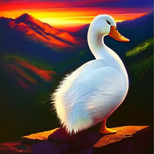 Image similar to extremely beautiful painting of a white duck in a sunset on a mountain, dynamic composition, dramatic lighting, stylized portrait, painting by artgerm, dungeons and dragons, visible brush strokes, trending golden color scheme