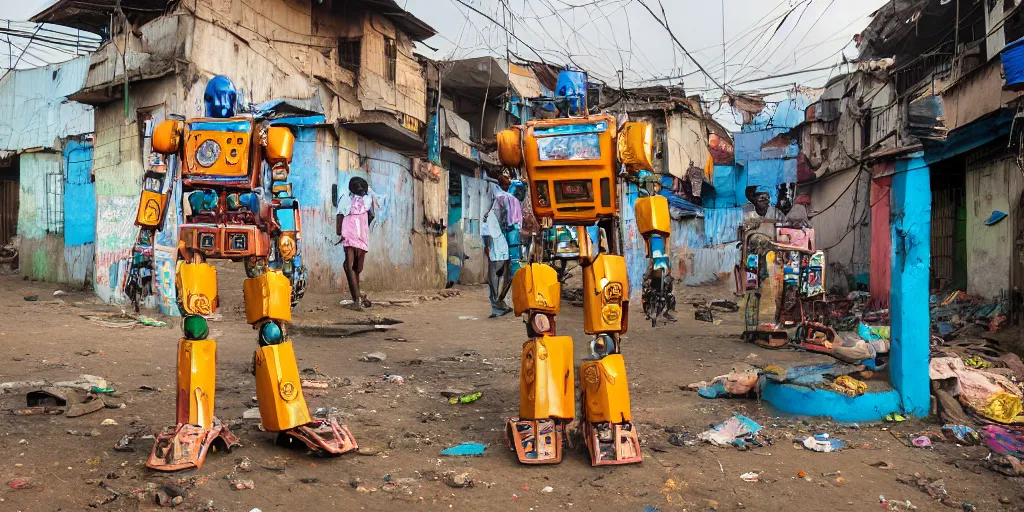 Prompt: colourful - damaged - giant mecha ROBOT of AJEGUNLE SLUM in Lagos, markings on robot, house are neon lit, Golden Hour,