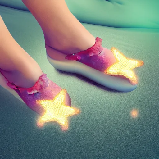 Image similar to a fairy wearing slippers in the shape of a star, realistic digital art