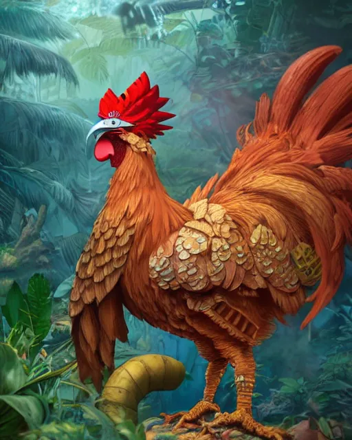 Prompt: An illustration of a steampunk warrior rooster, in a jungle environment, macro, digital painting, art by Nicola Saviori and Studio Ghibli and Pablo Picasso, artstation, octane render, studio ghibli color scheme
