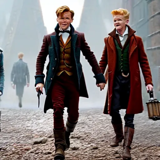 Prompt: newt scamander walking hand in hand with baby groot from guardians of the galaxy, film still from the movie, directed by david yates