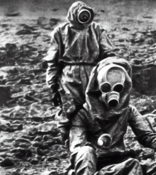 Prompt: man in a hazmat suit and gasmask in distance, ww1 film photo, grainy, high detail, high resolution