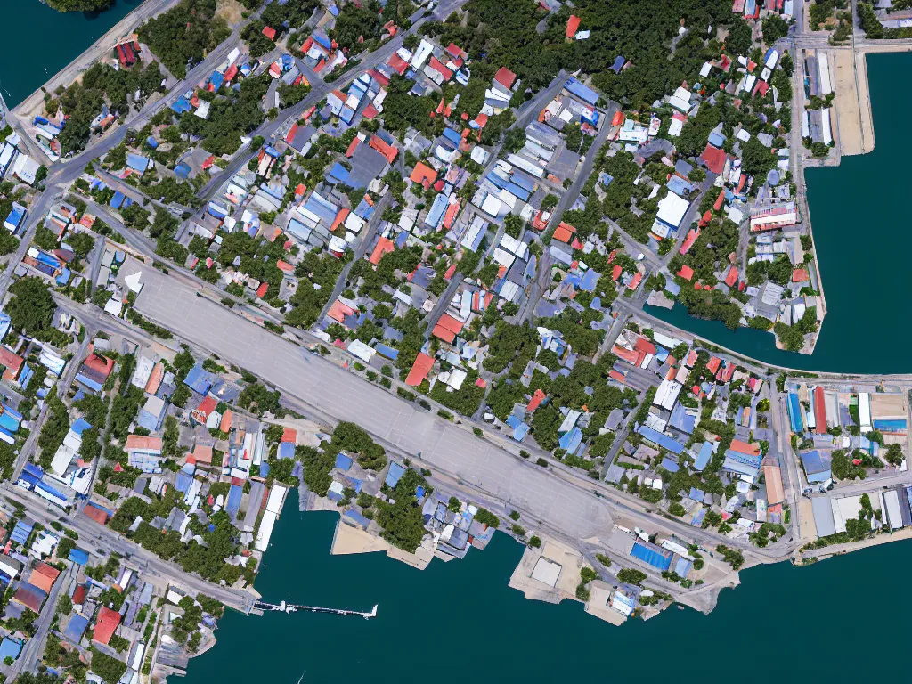 Image similar to satellite imagery of a small city with shops, shipping dock, and beach to the south. a bridge crosses a big lake, with a town hall, marketplace, and towers to the north. there is a field in the middle of the city. small hills and woods north of the city