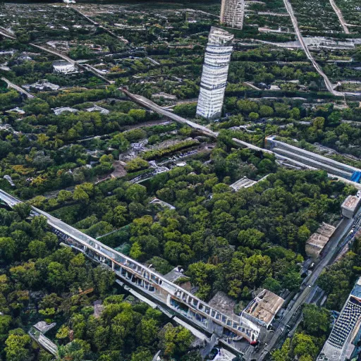 Image similar to futuristic urban decay overgrown cityscape photo shot from helicopter ultradetailed 8 k