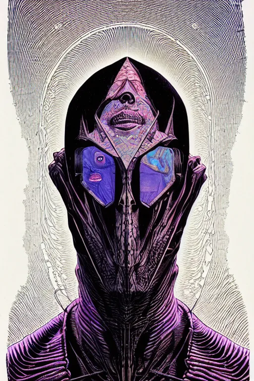 Image similar to portrait of black and psychedelic grainshading print by moebius, richard corben, wayne barlowe, cyberpunk comic cover art, psychedelic triangular skeleton, very intricate, thick outline, full body, symmetrical face, long black crown, in a shapes background, galactic dark colors