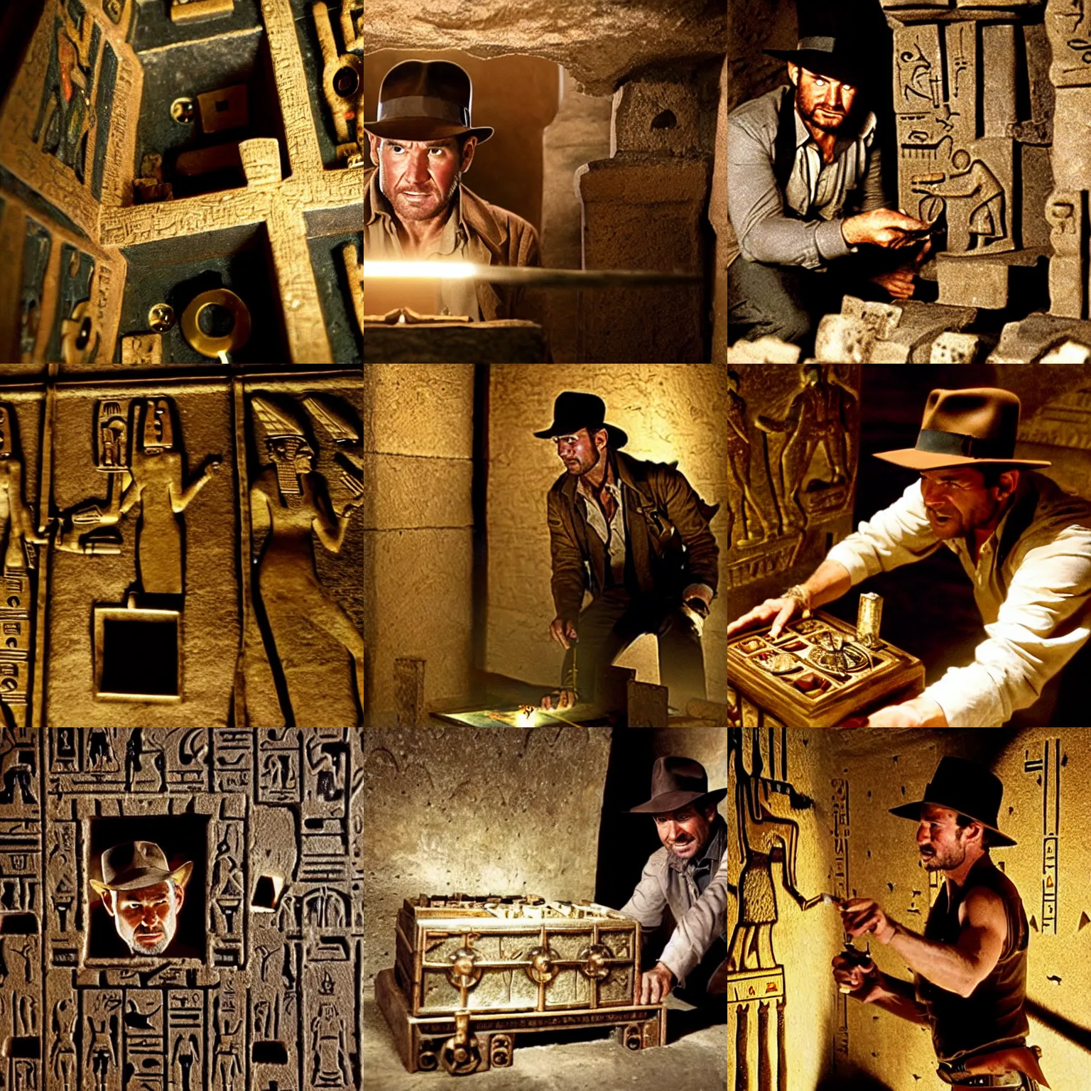 Prompt: indiana jones finds the clockwork workings of a puzzle box in egyptian tomb, perfectly lit. movie still