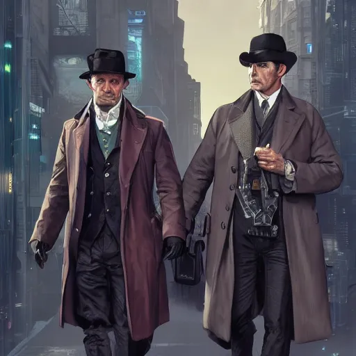 Image similar to [UHD Sherlock Holmes and Watson as GTA characters on the streets of futuristic cyberpunk London, correct faces, intricate, elegant, graphic detail, digital painting, trending on artstation, concept art, tonalism, sharp focus, illustration, art by Miguel Vasquez and Greg Rutkowski and Alphonse Mucha]