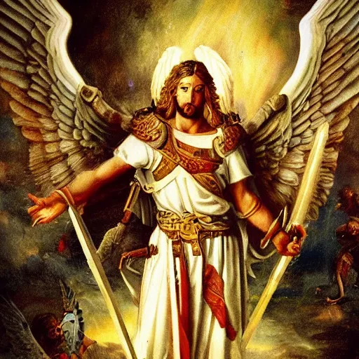 Prompt: photo of an angelic warrior with holy weapons