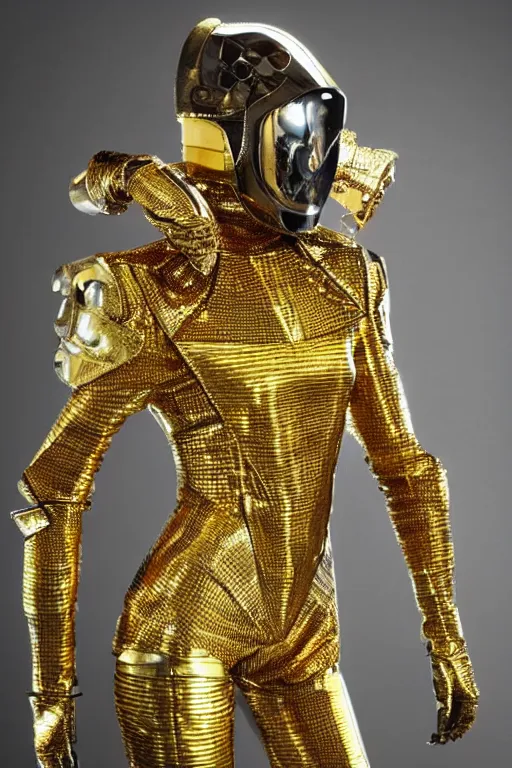 Prompt: futuristic suit made of carbon and gold, fashion outfit design, intricate, ornate, luxury, insane details