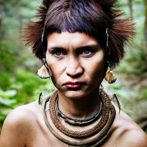 Prompt: award winning photograph of a neanderthal woman with short haircut and shell headband, vivid color, f 2. 0, cannon, nikon, national geographic