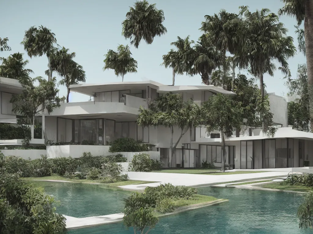 Image similar to “A mid-century stahl house in palm trees by Pierre Koenig, los angeles, trending on artstation, octane render, cgsociety, digital art”