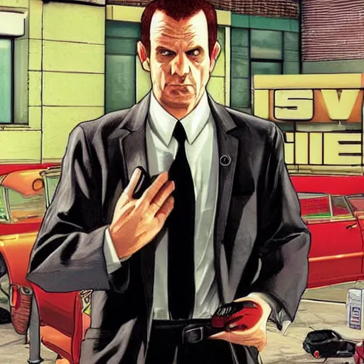 Prompt: Adrian Monk in GTA, cover art by Stephen Bliss, loading screen, boxart
