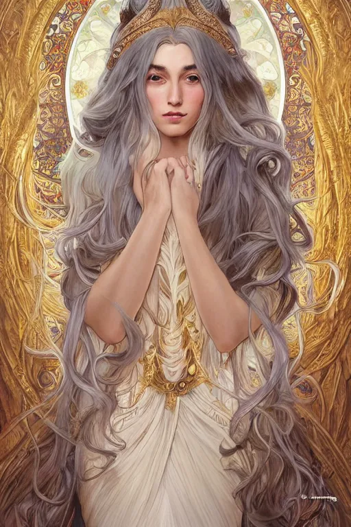 Image similar to fullbody!! of a beautiful woman with long white hair, big natural horns on her head, long flowing intricate dress, gold jewellery, dnd, face, fantasy, intricate, elegant, highly detailed, digital painting, artstation, concept art, smooth, sharp focus, illustration, art by artgerm and greg rutkowski and alphonse mucha