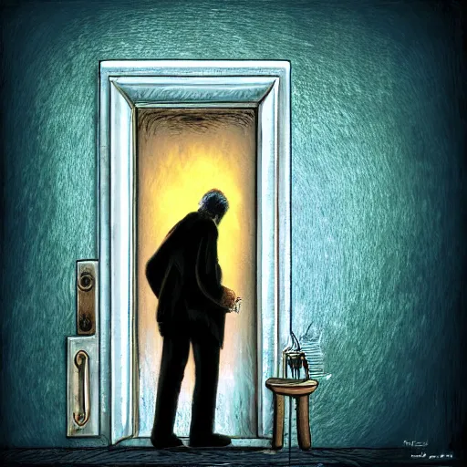 Image similar to old man going through an old magical door, digital art, 4 k, fantasy