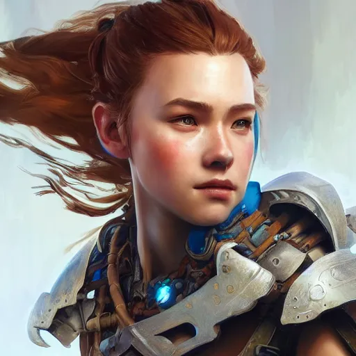 Image similar to Aloy from Horizon: Zero Dawn, half body portrait, videogame cover art, highly detailed, digital painting, artstation, concept art, smooth, detailed armor, sharp focus, beautiful face, illustration, art by Artgerm and greg rutkowski and alphonse mucha