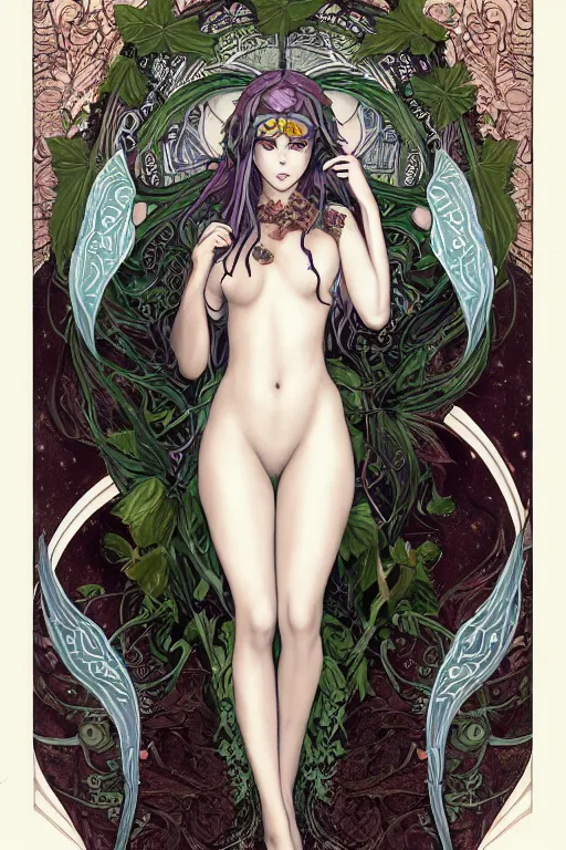 Image similar to Art Nouveau Lilith, Queen of the moon and serpents, Lush Garden Leaves and Flowers, Sensual glowing white Angelic occult esoteric woman in a manga cover style, full body image centered in frame, headshot, D&D, fantasy, highly detailed, digital painting, artstation, concept art, sharp focus, illustration, art by artgerm and greg rutkowski and alphonse mucha