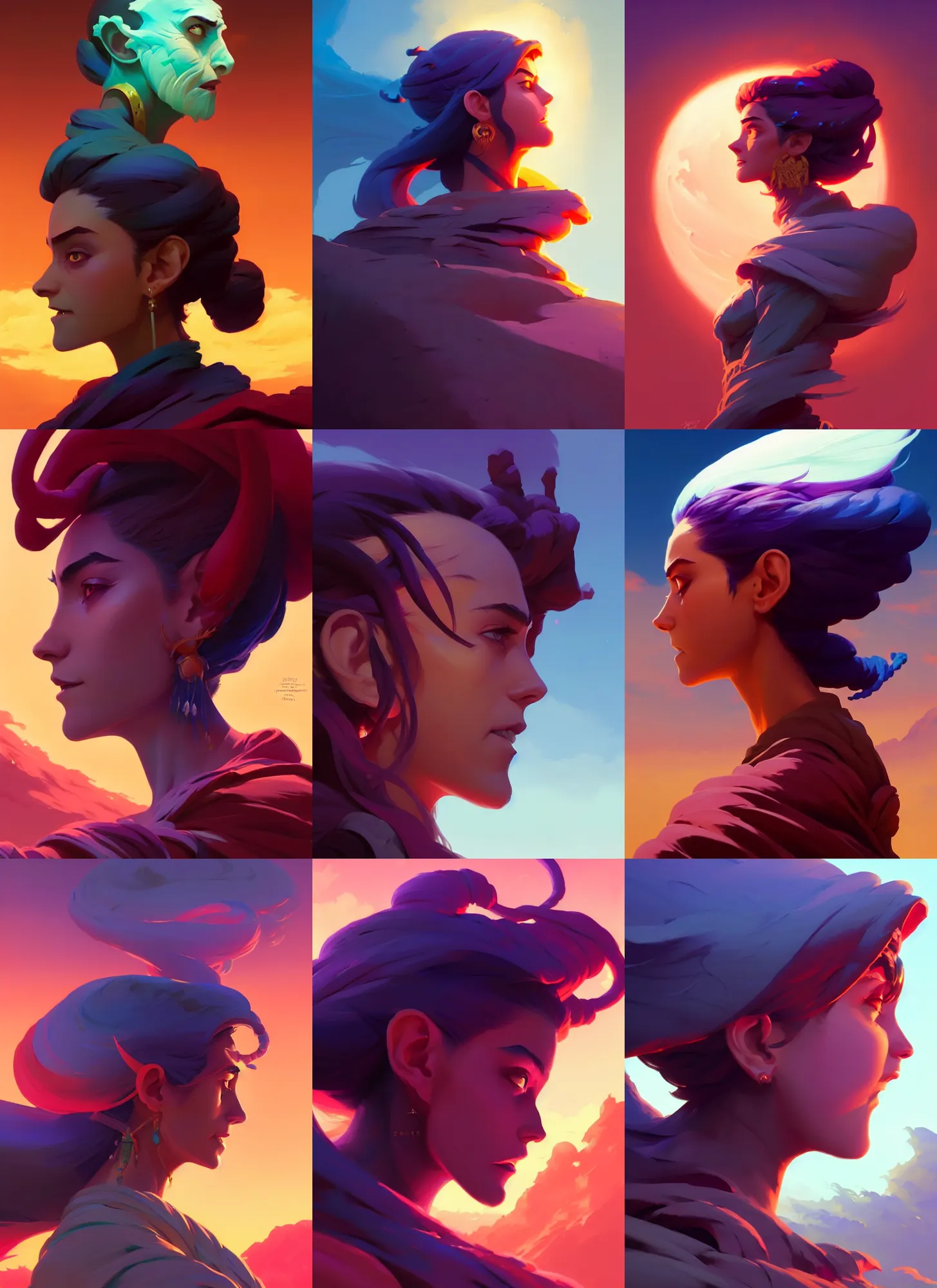 Prompt: side profile centered painted portrait, maya ali wind sorcerer, gloomhaven, aesthetic octane render, gaudy colors, matte painting concept art, by jesper ejsing, by rhads and makoto shinkai and lois van baarle and ilya kuvshinov and rossdraws