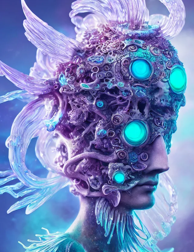 Image similar to goddess macro close - up portrait wigh crown made of ram skull. betta fish, jellyfish phoenix, bioluminiscent, plasma, ice, water, wind, creature, super intricate ornaments artwork by tooth wu and wlop and beeple and greg rutkowski